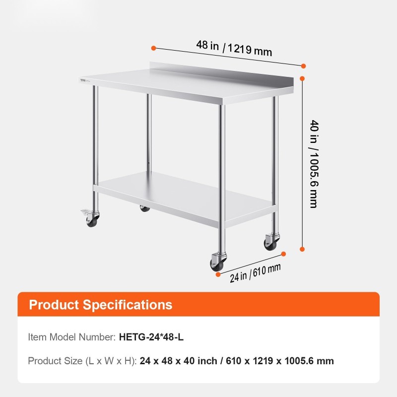 Työtaso ruostumattomasta teräksestä 122×61×101 cm säädettävillä hyllyillä pyörillä