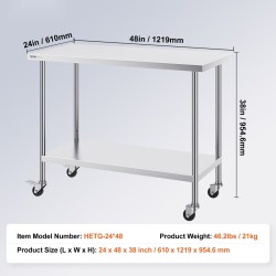 Ruostumattomasta teräksestä valmistettu työtaso koko 610x1219x955 mm hyllyillä pyörillä