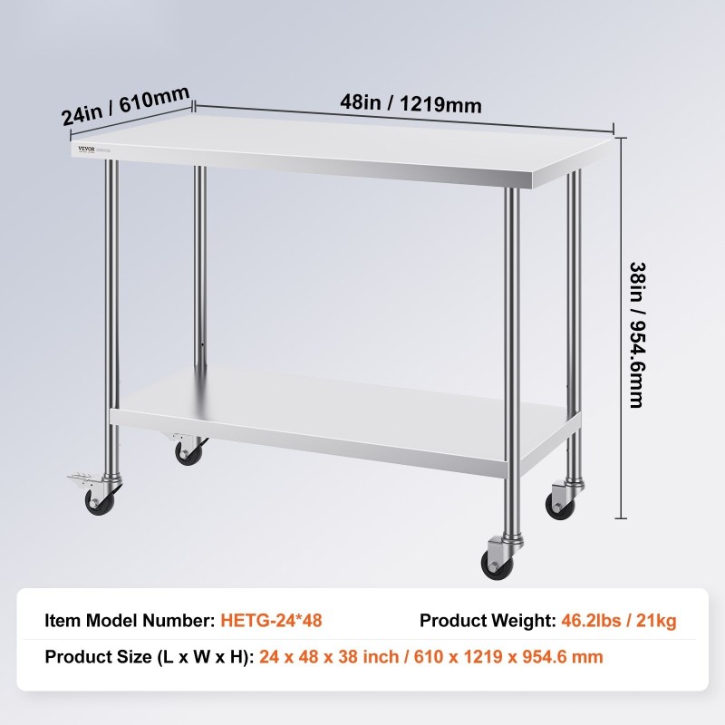 Ruostumattomasta teräksestä valmistettu työtaso koko 610x1219x955 mm hyllyillä pyörillä