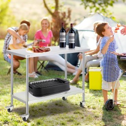 Ruostumattomasta teräksestä valmistettu työtaso koko 610x1219x955 mm hyllyillä pyörillä