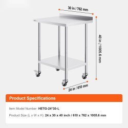 Työtaso ruostumatonta terästä 610 x 762 x 1006 mm säädettävä hylly pyörillä