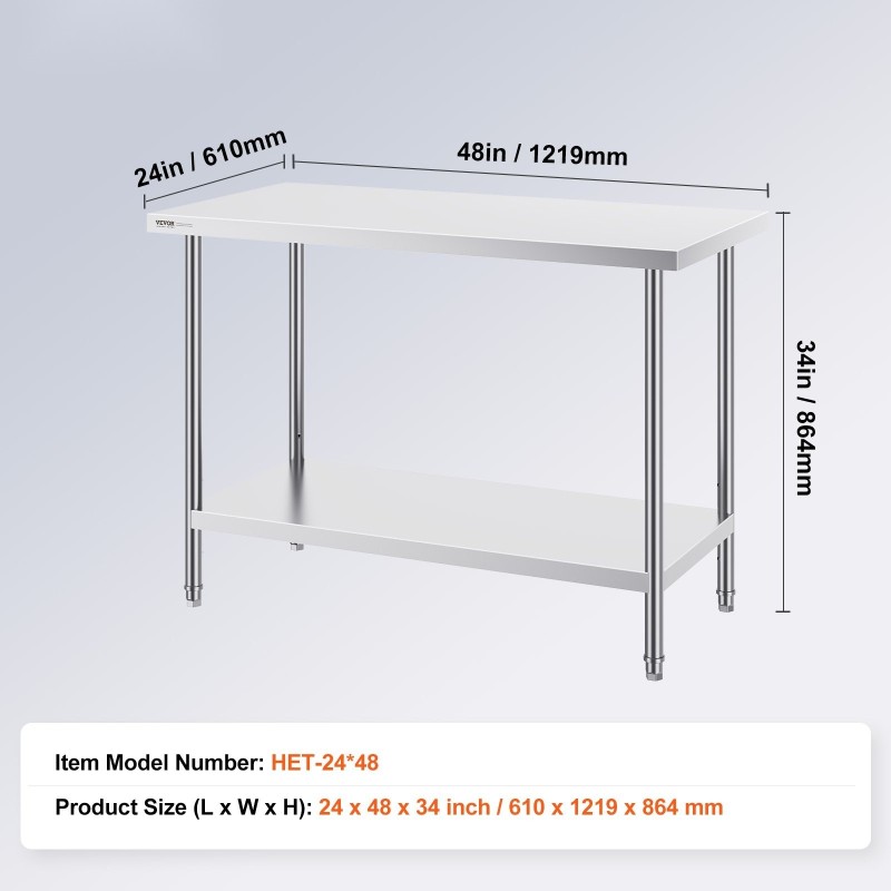 Työ- ja esivalmistelupöytä ruostumattomasta teräksestä valmistettu 61x122x86 cm säädettävällä hyllyllä 3-tasoisilla jaloilla