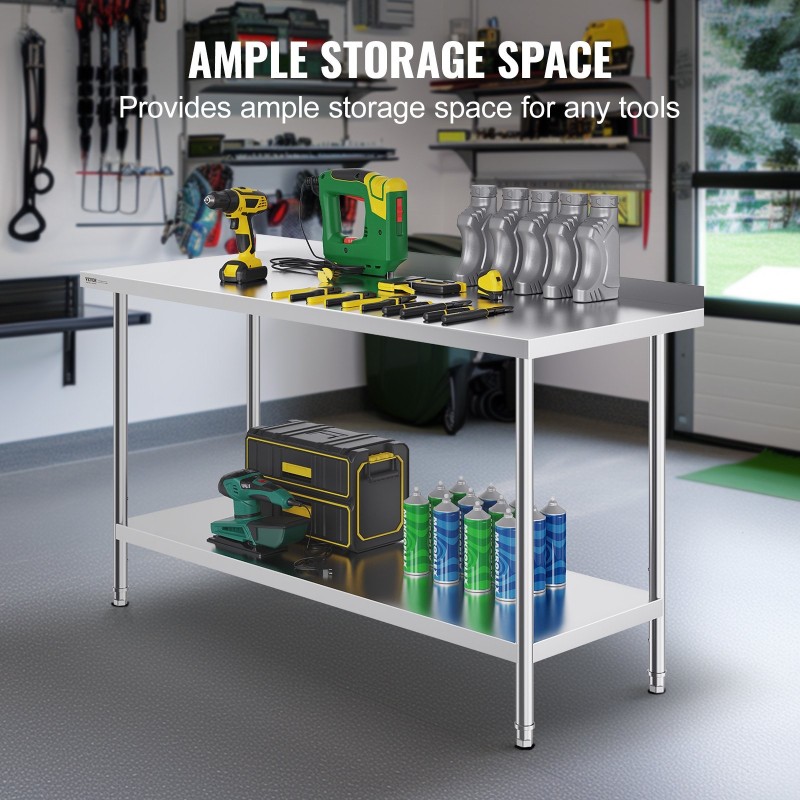 Työtaso ruostumattomasta teräksestä mitat 610×1524×914 mm säädettävällä alahyllyllä