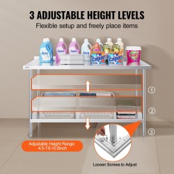 Työtaso ruostumattomasta teräksestä mitat 610×1524×914 mm säädettävällä alahyllyllä