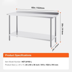 Työtaso ruostumattomasta teräksestä mitat 610×1524×914 mm säädettävällä alahyllyllä