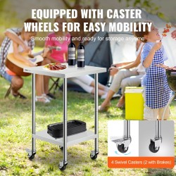 Ruostumattomasta teräksestä valmistettu työpöytä 610x610x955 mm pyörillä säädettävillä hyllyillä