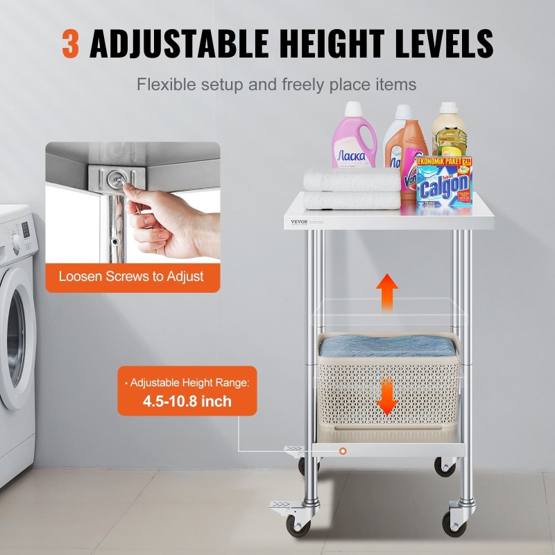 Ruostumattomasta teräksestä valmistettu työpöytä 610x610x955 mm pyörillä säädettävillä hyllyillä