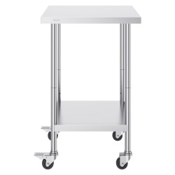 Ruostumattomasta teräksestä valmistettu työpöytä 610x610x955 mm pyörillä säädettävillä hyllyillä