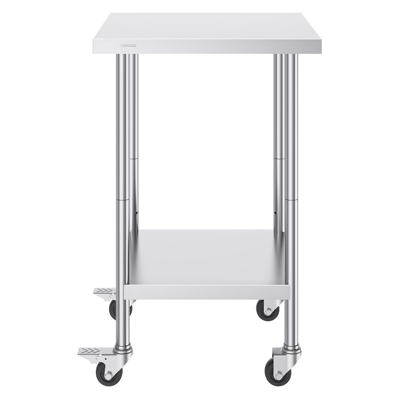 Ruostumattomasta teräksestä valmistettu työpöytä 610x610x955 mm pyörillä säädettävillä hyllyillä