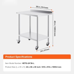 Ruostumaton terästyötaso 61 x 91 x 101 cm pyörillä säädettävällä korkeudella