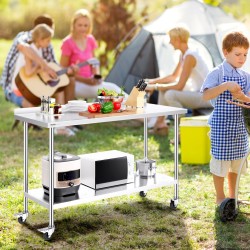 Työpöytä ruostumattomasta teräksestä 1524 mm leveä pyörillä säädettävillä hyllyillä