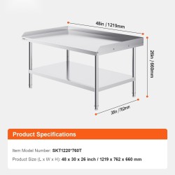 Työtaso ruostumattomasta teräksestä 762x1219x660 mm kolmisivuinen roiskesuoja säädettävä hylly