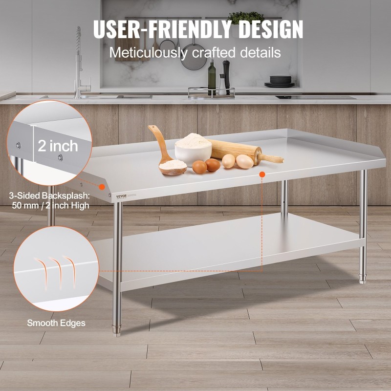 Ruostumattomasta teräksestä valmistettu työpöytä 762×1524×660 mm 3-puoleisella roiskesuojalla