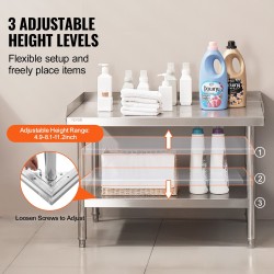 Ruostumattomasta teräksestä valmistettu työpöytä 762×914×660 mm kolmisivuinen roiskelevy korkeussäädettävät hyllyt