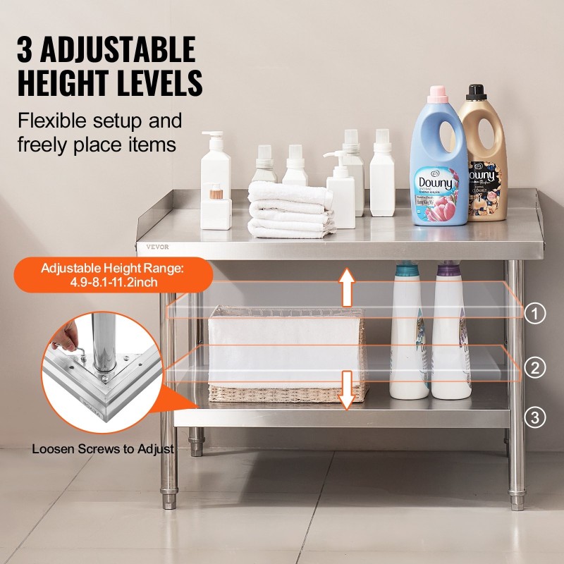 Ruostumattomasta teräksestä valmistettu työpöytä 762×914×660 mm kolmisivuinen roiskelevy korkeussäädettävät hyllyt