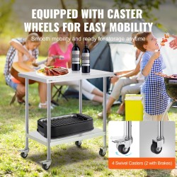 Ruostumaton teräspöytä 610×914×955 mm 4 pyörää 3 korkeustasoa ammattikeittiöön