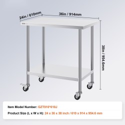 Ruostumaton teräspöytä 610×914×955 mm 4 pyörää 3 korkeustasoa ammattikeittiöön