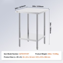 Ruostumaton teräspöytä 61 x 61 x 86,4 cm 3-portainen korkeudensäätö ammattikäyttöön