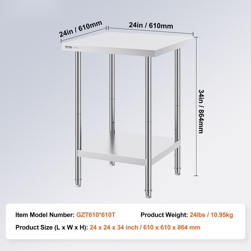 Ruostumaton teräspöytä 61 x 61 x 86,4 cm 3-portainen korkeudensäätö ammattikäyttöön
