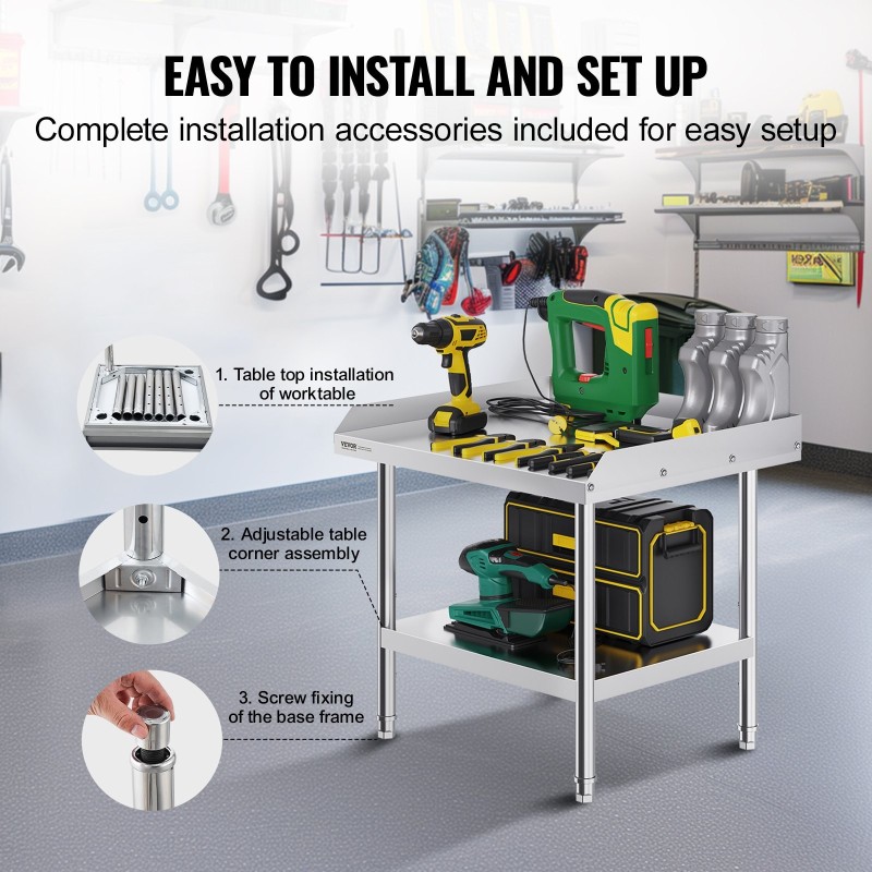 Työpöytä ruostumattomasta teräksestä 610x711x660 mm roiskesuojalla säädettävät hyllyt