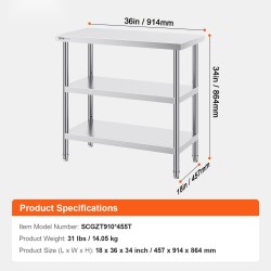 Työtaso ruostumattomasta teräksestä SUS201 457x914x864 mm säädettävällä hyllyllä