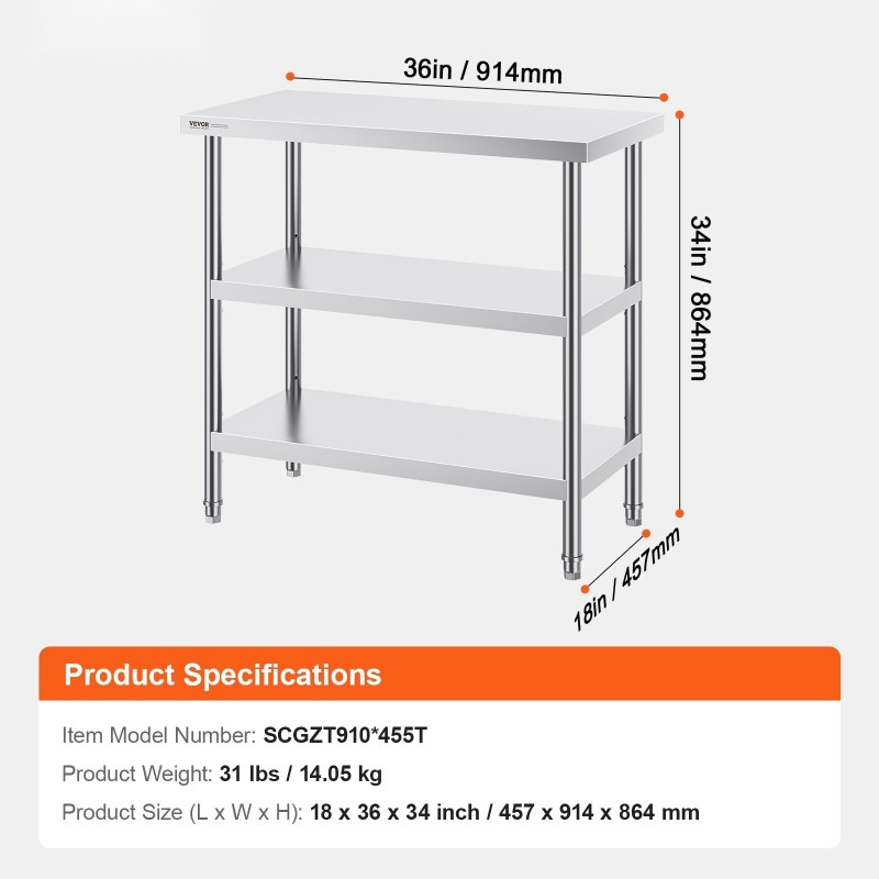 Työtaso ruostumattomasta teräksestä SUS201 457x914x864 mm säädettävällä hyllyllä