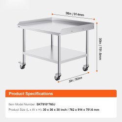 Ruostumattomasta teräksestä valmistettu työtaso 76,2 x 91,4 cm säädettävällä hyllyllä 4 pyörää