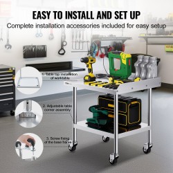 Työpöytä ruostumattomasta teräksestä 61 x 71,1 cm säädettävillä hyllyillä ja pyörillä