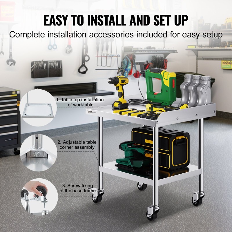 Työpöytä ruostumattomasta teräksestä 61 x 71,1 cm säädettävillä hyllyillä ja pyörillä