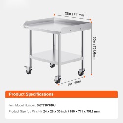 Työpöytä ruostumattomasta teräksestä 61 x 71,1 cm säädettävillä hyllyillä ja pyörillä