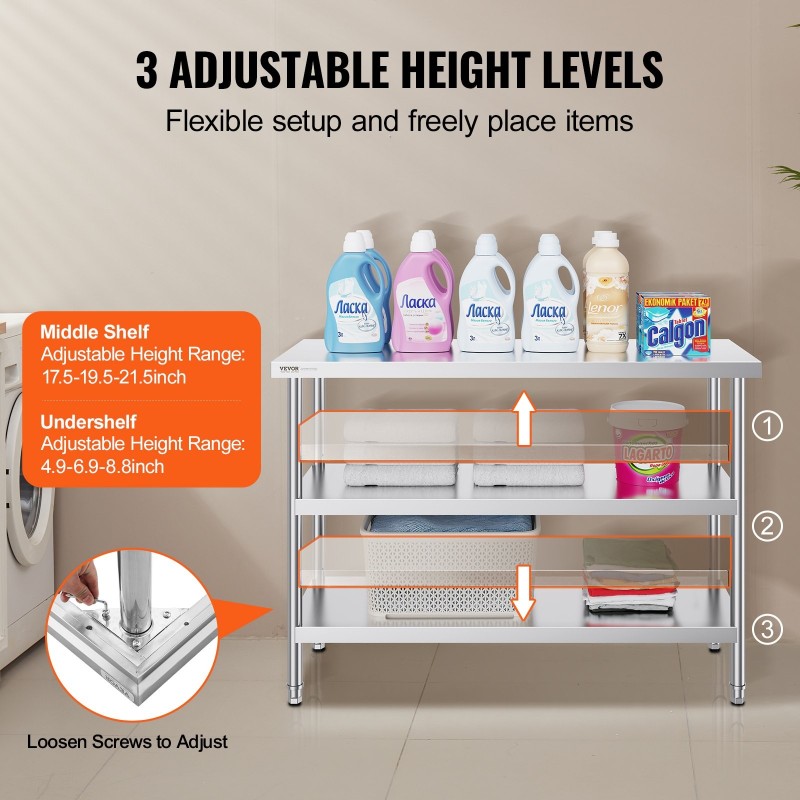 Ruostumaton teräs työtaso 45,7×121,9 cm säädettävällä hyllyllä