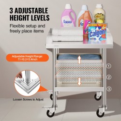 Ruostumattomasta teräksestä valmistettu työpöytä 61x61 cm säädettävällä alahyllyllä neljällä pyörällä