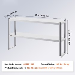 Ylähylly kaksitasoinen ruostumattomasta teräksestä 305 x 1219 mm korkeussäädettävä keittiöön