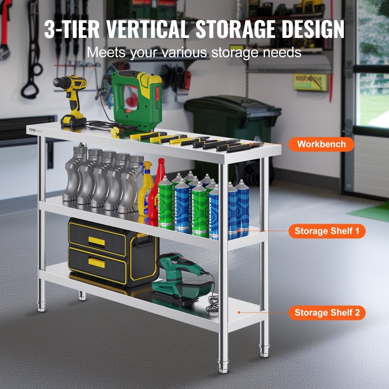 Työtaso ruostumattomasta teräksestä 35,6 x 121,9 x 86,4 cm säädettävällä alahyllyllä ammattikeittiöön