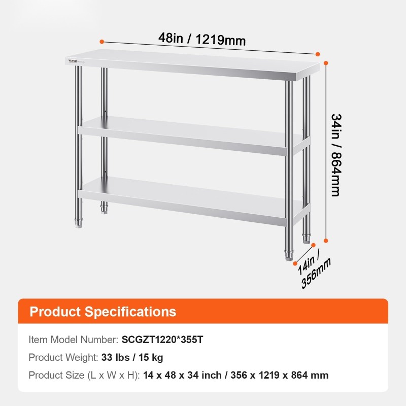 Työtaso ruostumattomasta teräksestä 35,6 x 121,9 x 86,4 cm säädettävällä alahyllyllä ammattikeittiöön