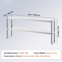 Kaksitasoinen ruostumattomasta teräksestä valmistettu ylähylly korkeussäädettävillä hyllyillä 305×1524×640 mm