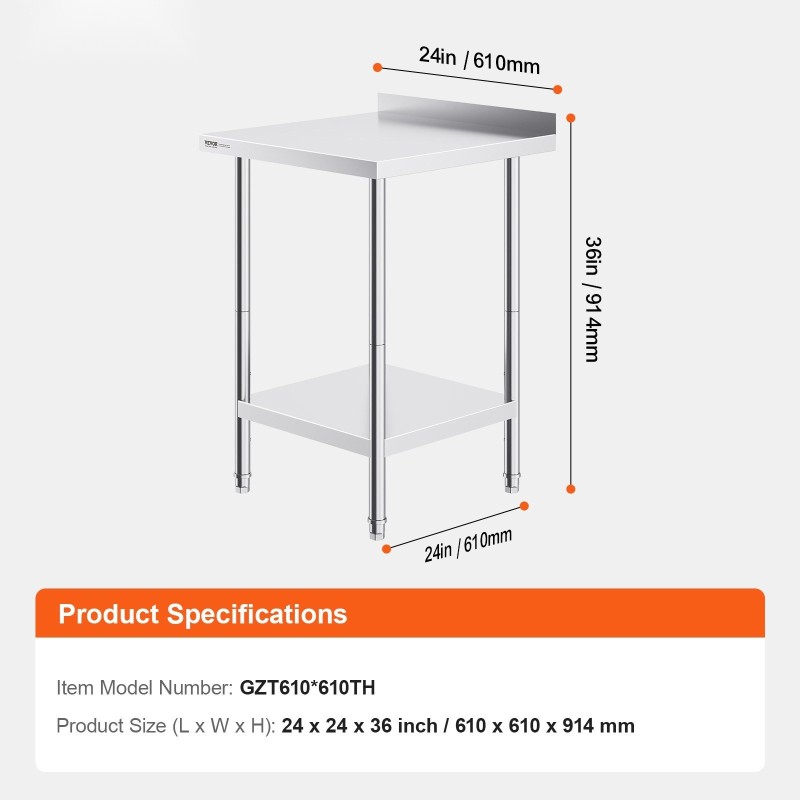 Ruostumaton teräspöytä 610 x 610 x 914 mm säädettävällä hyllyllä ammattikäyttöön