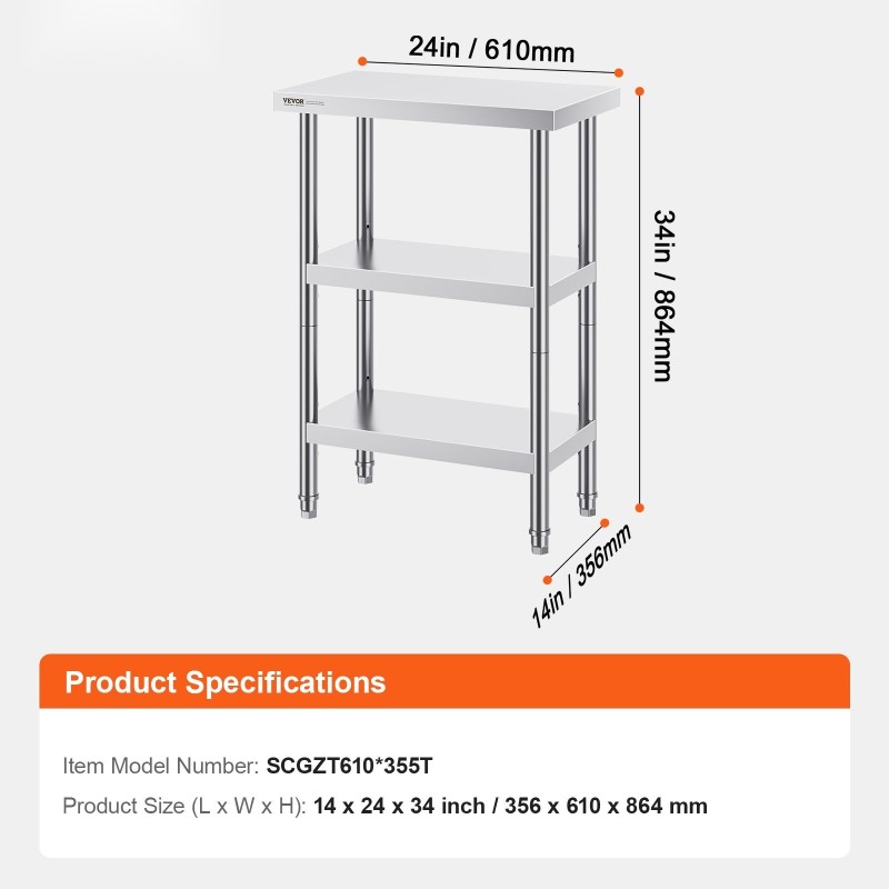 Työtaso ruostumattomasta teräksestä 356x610x864 mm ammattikeittiöön säädettävällä hyllyllä