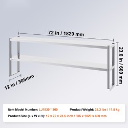 Kaksitasoinen ruostumaton teräs ylähylly 305 x 1829 mm korkeussäädettävä esivalmistelupöydälle
