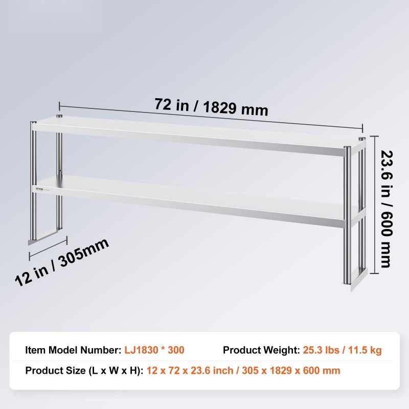 Kaksitasoinen ruostumaton teräs ylähylly 305 x 1829 mm korkeussäädettävä esivalmistelupöydälle