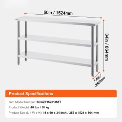 Ruostumaton teräspöytä SUS201 35,6×152,4×86,4 cm ammattikeittiöön säädettävällä hyllyllä