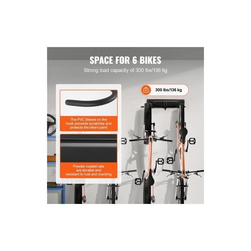 Seinälle asennettava pyöräteline kuudelle pyörälle ja viidelle kypärälle säädettävät koukut