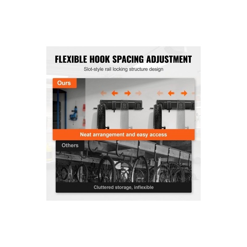 Seinälle asennettava pyöräteline kuudelle pyörälle ja viidelle kypärälle säädettävät koukut