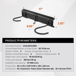 Seinälle asennettava pyöräteline kuudelle pyörälle ja viidelle kypärälle säädettävät koukut