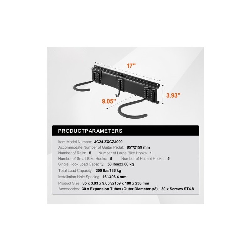 Seinälle asennettava pyöräteline kuudelle pyörälle ja viidelle kypärälle säädettävät koukut