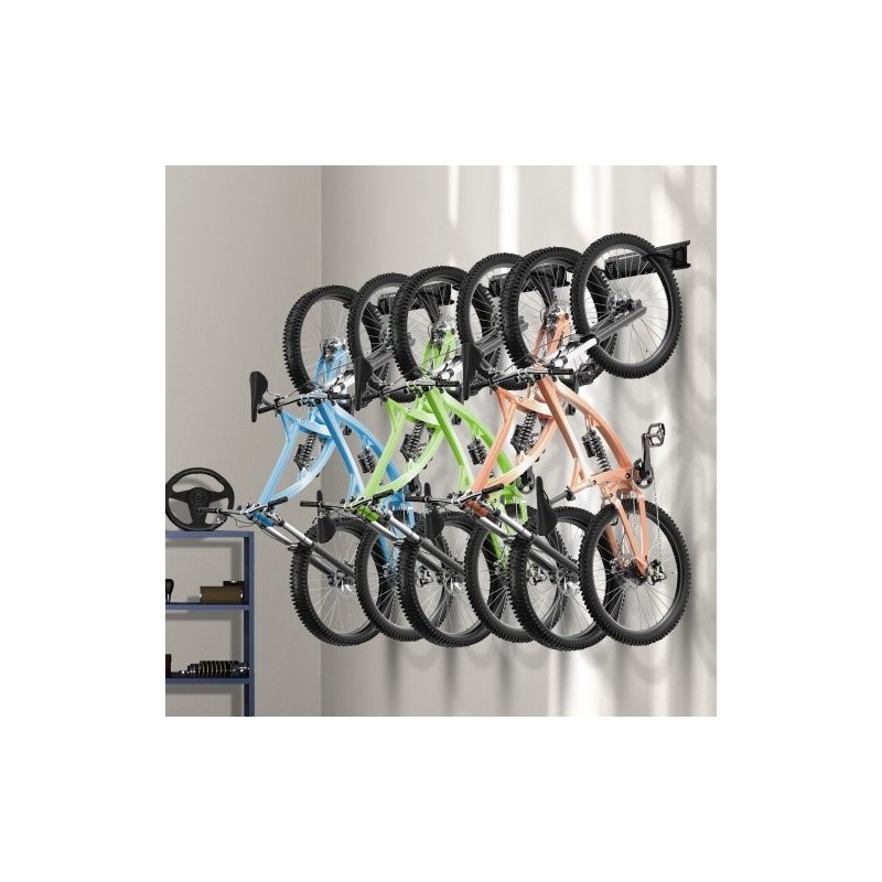 Seinälle asennettava pyöräteline kuudelle pyörälle ja viidelle kypärälle säädettävät koukut
