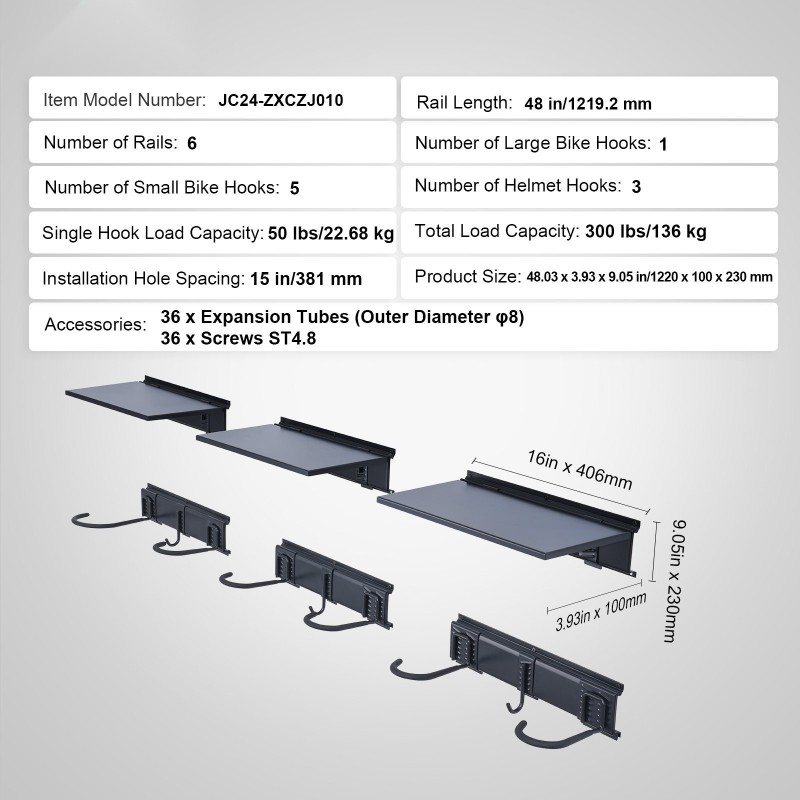 Seinään asennettava polkupyöräteline kuudelle pyörälle kolmella kypäräkoukulla kolmella hyllyllä satakolmekymmentäkuusi
