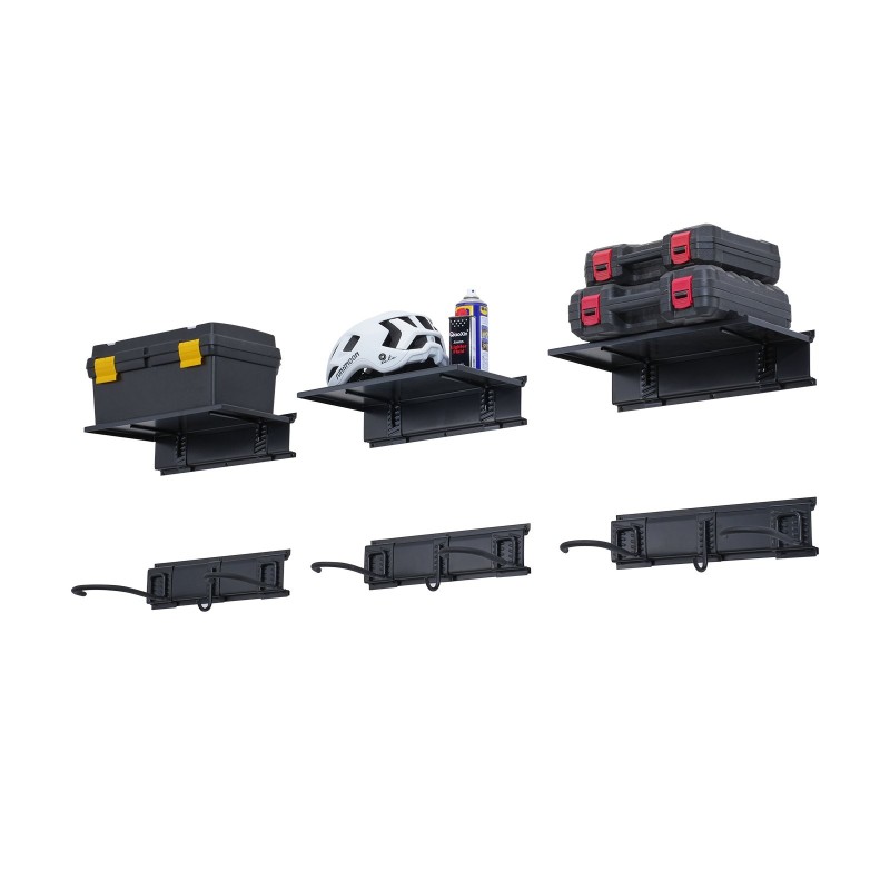 Seinään asennettava polkupyöräteline kuudelle pyörälle kolmella kypäräkoukulla kolmella hyllyllä satakolmekymmentäkuusi