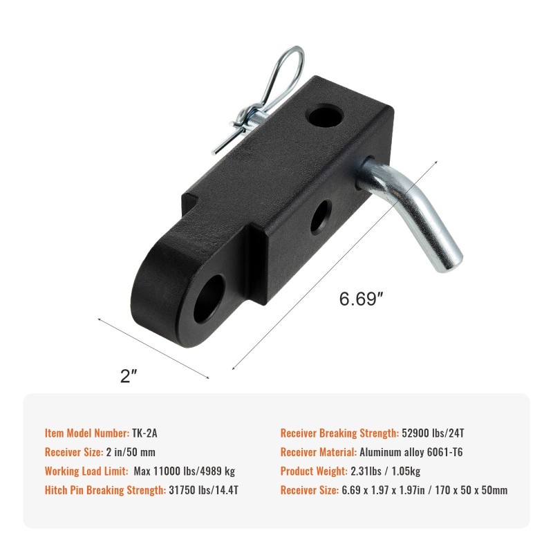 Sakkelikoukku alumiiniseos 6061-T6 2-tuumaisille vastaanottimille lukitustapilla suurin käyttökantavuus 4989 kg