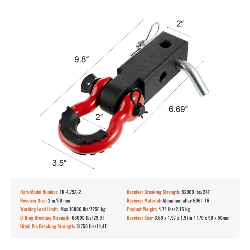Sakkelivetokoukku alumiiniseos 6061-T6 50 millimetrin vastaanottimelle lukittava vetotappi